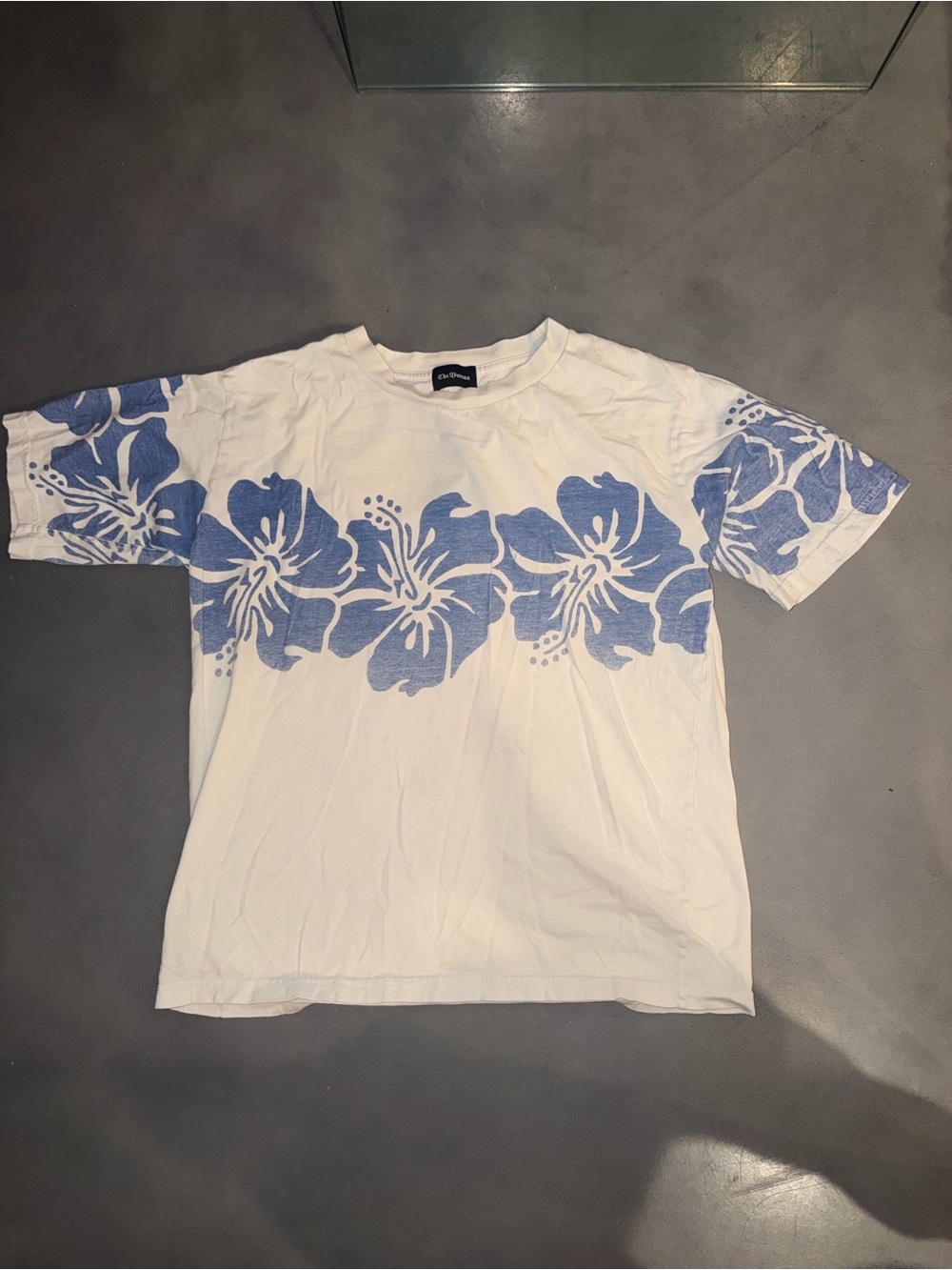 Free People White Blue Hibiscus Floral Short Sleeve Tee